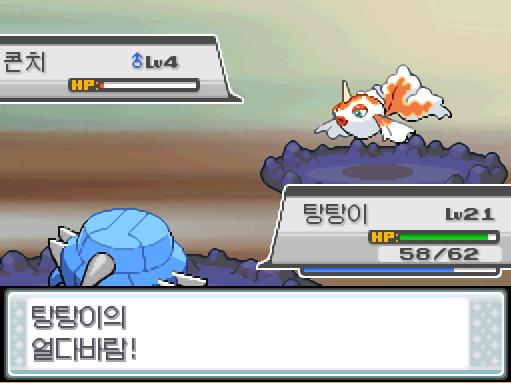 탕탕이의 얼다바람! 효과가 별로인 듯하다. 상대 콘치의 스피드가 떨어졌다! 상대 콘치의 거품광선! 급소에 맞았다! 탕탕이는 무엇을 할까? >>3
