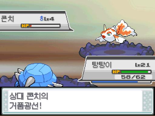탕탕이의 얼다바람! 효과가 별로인 듯하다. 상대 콘치의 스피드가 떨어졌다! 상대 콘치의 거품광선! 급소에 맞았다! 탕탕이는 무엇을 할까? >>3