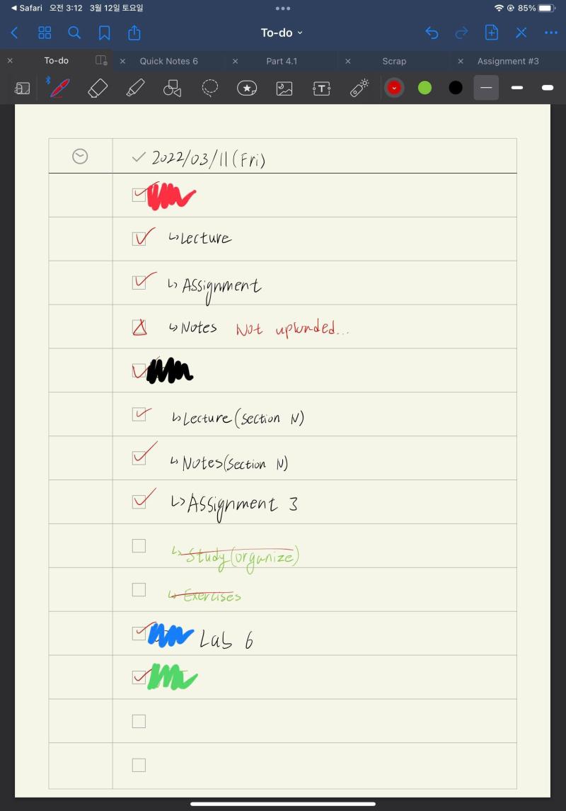 새벽 3시 15분. 어제 한 일 낫 배드... 오늘은 좀 미묘하구먼. Calculus는 교수님이 노트 완성본 안 올려주셔서 완성 못 함... 내