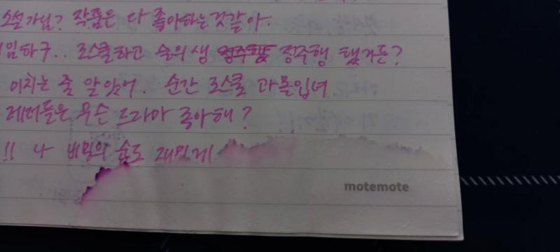 >>923 마침 어제 서울에 갈 일이 있었거든. 그런데 노트 어떡해. 아랫부분이 젖어서 잉크가 번졌어