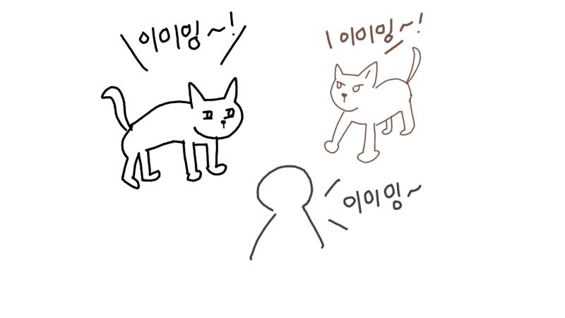 고양이 한마리가 이이잉~ 할 때 중간에 끼어들면 고양이1 : 이이잉~ 나 : 이이잉~ 고양이2 : 이이잉~ 이렇게 돌림노래처럼 되는데 몇번 반복