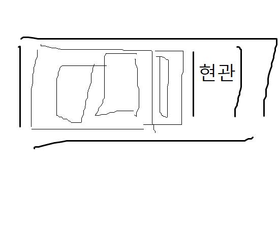 똥손이라 이 정도밖에 표현 못 하겠는데 현관 옆에 있는 벽 대부분이 창문임. 10분의 8? 급할 땐 이 창문으로 드나들어도 되는 구조 어쨌든 그