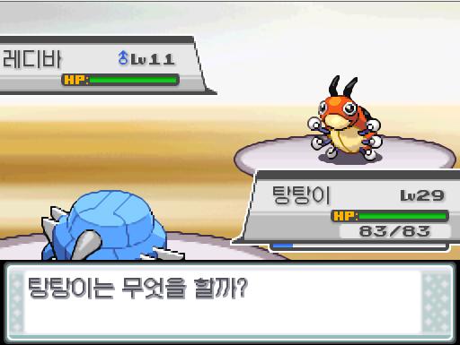 체육관 관장 비상이 승부를 걸어왔다! 연가람 4 : 비상 2 체육관 관장 비상은 자신의 첫번째 포켓몬 레디바를 내보냈다! 가랏! 탕탕이! 탕탕이
