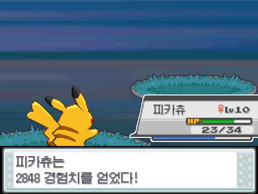 야생 썬더라이의 스파크! 효과가 별로인 듯 하다 피카츄의 눈사태! 급소에 맞았다! 야생 썬더라이는 쓰러졌다! 피카츄는 2848 경험치를 얻었다!