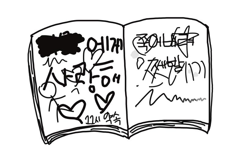 [1-2반 교실] 공책에 자잘한 낙서가 알아볼 수 없게 쓰여있다. >>39 [소지품 : 열쇠자루]