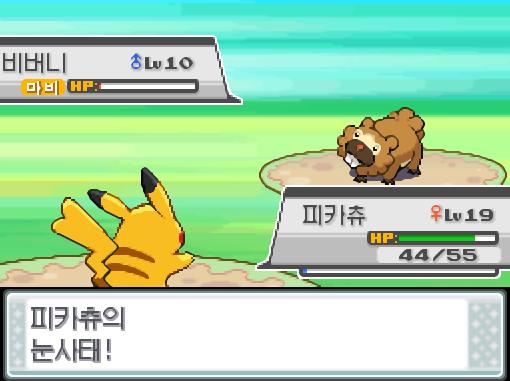 피카츄의 눈사태! 급소에 맞았다! 상대 비버니는 쓰러졌다!