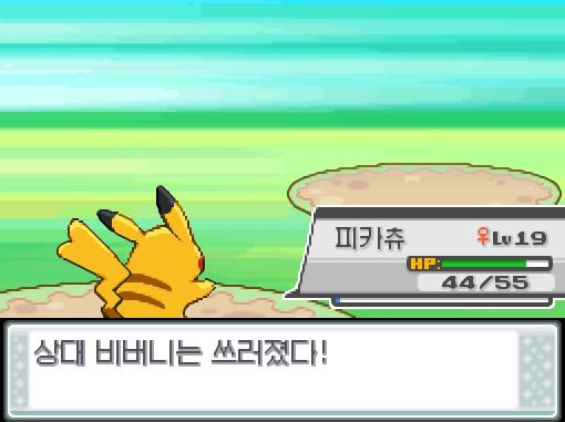 피카츄의 눈사태! 급소에 맞았다! 상대 비버니는 쓰러졌다!