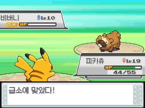피카츄의 눈사태! 급소에 맞았다! 상대 비버니는 쓰러졌다!