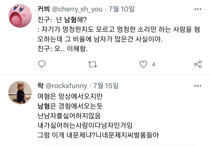 얘내들은 뭔 소리하는 거임? 뭐 남자들은 다 좆같다? 웃기시네 아무것도 모르면서 그냥 '나 남자 싫어해요~ 남혐함' 이라고 당당히 말해라