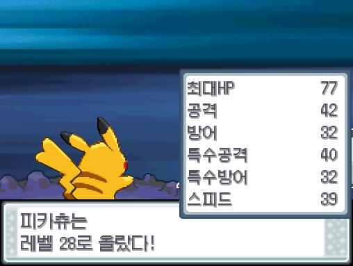 피카츄의 잼잼펀치! 야생 탕구리는 쓰러졌다! 피카츄는 2368 경험치를 얻었다! 피카츄는 레벨 28로 올랐다!