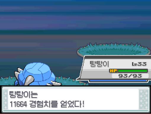 탕탕이의 분연! 효과는 굉장했다! 상대 눈쓰개는 쓰러졌다! 탕탕이는 11664 경험치를 얻었다! 텅탕이는 레벨 36으로 올랐다! 탕탕이는 아이언