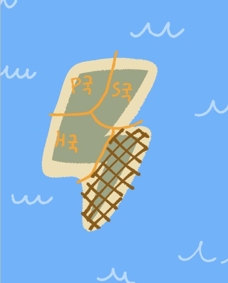 섬 스레딕은 P국, S국, H국 그리고 미지의 영역으로 이루어져 있다.