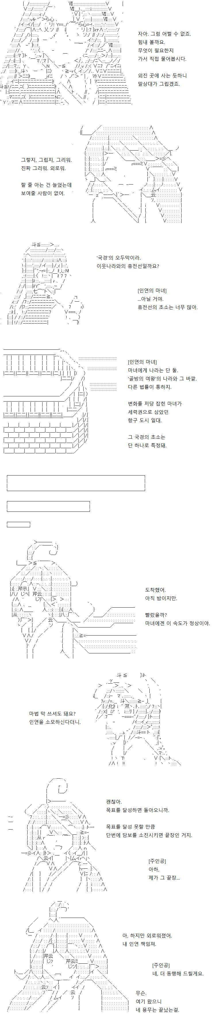 마녀의 도움을 받아, 단숨에 목적지에까지 도착했습니다. '국경'이 어디인가 했더니, 마녀만이 아는 장소였군요. 기억을 잃은 주인공 혼자였다면 도