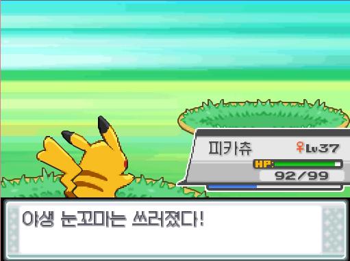 피카츄의 사이코키네시스! 야생 눈꼬마는 쓰러졌다! 피카츄는 2368 경험치를 얻었다!