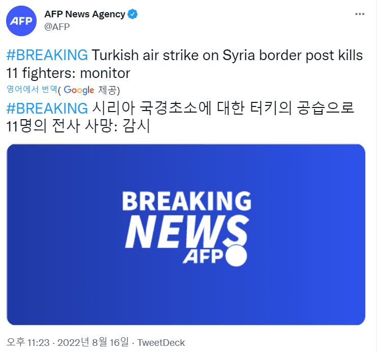 터키의 공습으로 시리아군인 11명이 죽었다네 터키는 발칸반도에 있는 국가고...