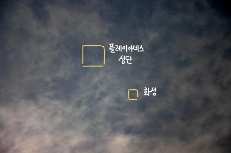 구름에 파묻힌 플레이아데스 성단과 화성의 커플 사진 한편으로는 사진 속 구름이 바다에 이는 물결 같지 않아? https://ibb.co/HnJS