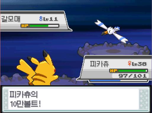 피카츄의 10만볼트! 효과가 굉장했다! 상대 갈모매는 쓰러졌다!