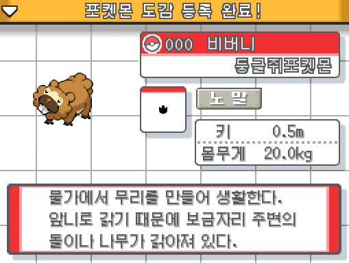 연가람은 수퍼볼을 사용했다! 신단다-! 비버니를 붙잡았다! 비버니. 동글쥐 포켓몬. 물가에서 무리를 만들어 생활한다. 앞니로 갉기 때문에 보금자
