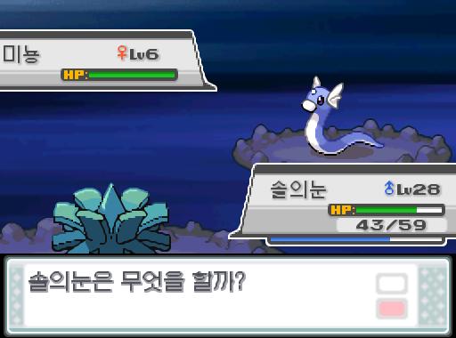 앗! 야생 미뇽이 튀어나왔다! 가랏! 솔의눈! 야돈우물에서 야생 포켓몬과 만날 수 있는 횟수: 최대 3회/현재 2회 야돈우물에서 트레이너와 배틀