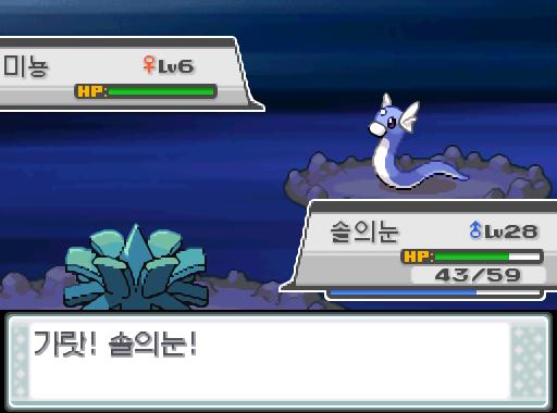 앗! 야생 미뇽이 튀어나왔다! 가랏! 솔의눈! 야돈우물에서 야생 포켓몬과 만날 수 있는 횟수: 최대 3회/현재 2회 야돈우물에서 트레이너와 배틀