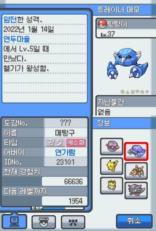 Lv.36 탕탕이. (메탕구, 철발톱포켓몬) 혈기가 왕성하고 얌전한 성격. 연두마을에서 만났다. 2마리의 메탕이 합체했다. 2개의 두뇌도 자력의