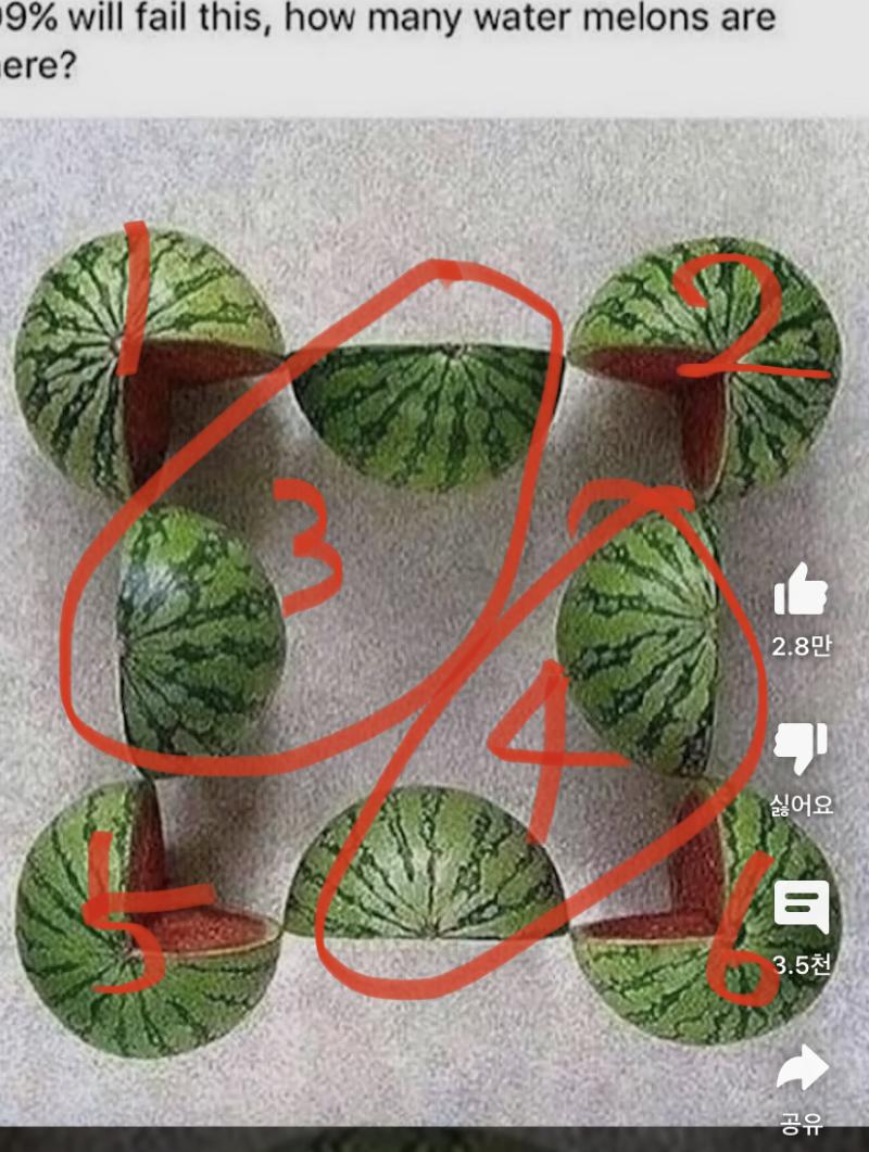 >>4 >>5 >>6 수학적 계산식으론 5개인데ㅋㅋㅋㅋㅋㅋ 저걸 만드려면 수박이 6개가 필요해서래ㅋㅋㅋ