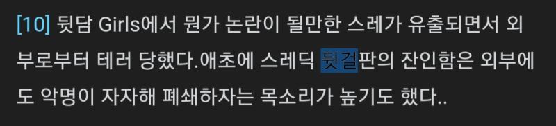 그리고...(꺼무위키에서 자료를 찾아왔단 점이 스스로 킹받긴 한데) 우리 스레딕 역사에선 뒷담girls판이 있었지. 나는 이 판이 없어지고 나서
