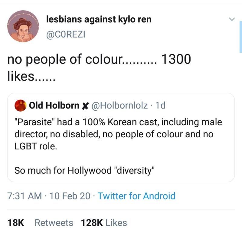 영화 기생충보고 남감독이 만들었고 LGBT없고 장애인없고 한국인이 출연했지만 아무튼 유색인종이 출현안해서 피씨하지 않다고함ㅋㅋ