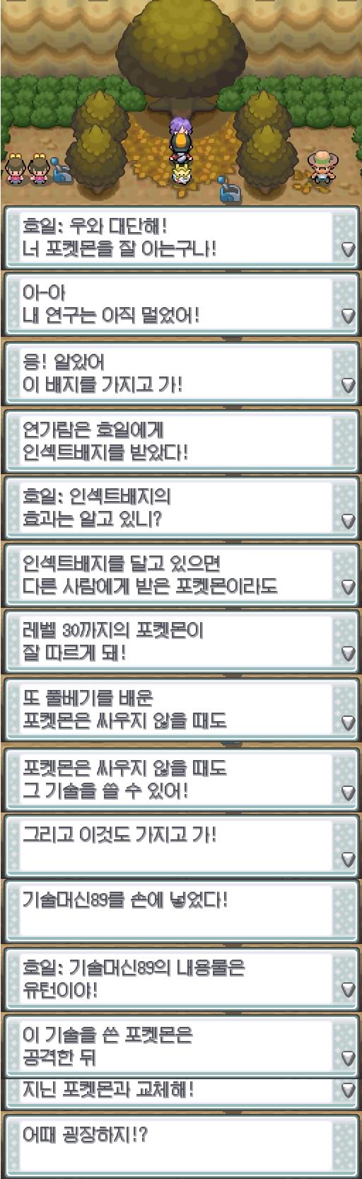 "우와! 대단해! 너 포켓몬을 잘 아는구나! 아-아 내 연구는 아직 멀었어! 응! 알았어 이 배지를 가지고 가!" 연가람은 호일에게서 인섹트 배