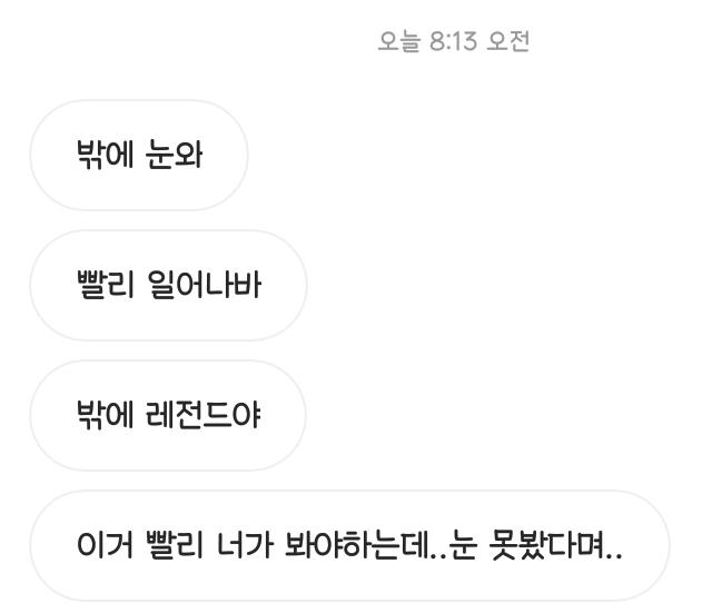 일단 이거... 저날 우리지역에 눈이 엄청 많이 왔는데 나 저번에 눈왔을때 못봤다고 쟤한테 말했거든.. 그랬더니 눈온다고 나 깨워줌
