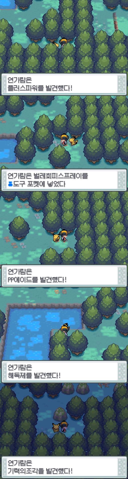 연가람은 너도밤나무 숲에서 플러스파워, 벌레회피 스프레이, PP에이드, 해독제, 기력의 조각을 주웠다.
