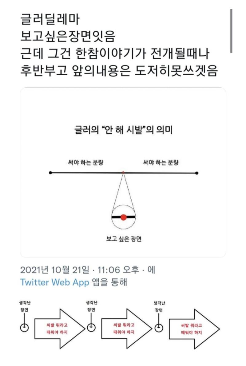 개쩌는 스토리가 생각났어 근데 거기까지 가는게 너무 힘들어 막상 쓰려고해도 어떻게 표현해야할지 모르겠어