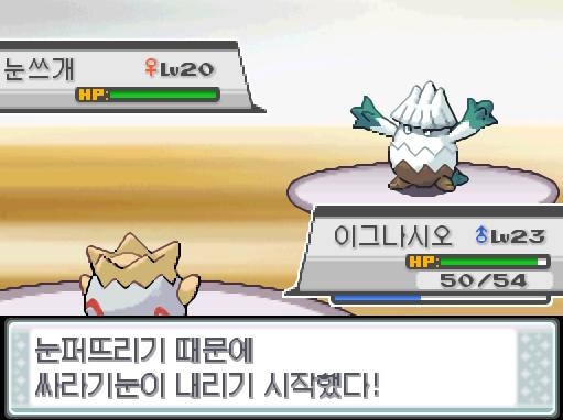 체육관 관장 꼭두가 승부를 걸어왔다! 체육관 관장 꼭두의 포켓몬: 2 VS 포켓몬 트레이너 연가람의 포켓몬: 6 체육관 관장 꼭두는 눈쓰개를 내