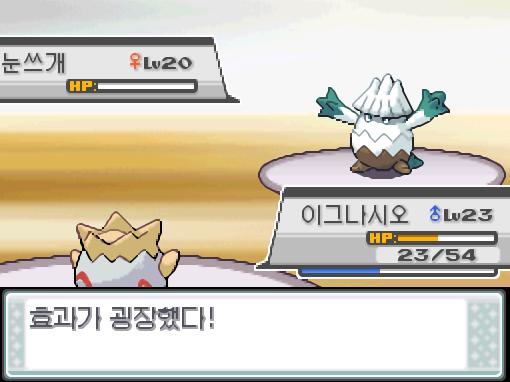 상대 눈쓰개의 에너지볼! 이그나시오의 화염방사! 효과가 굉장했다! 상대 눈쓰개는 쓰러졌다!