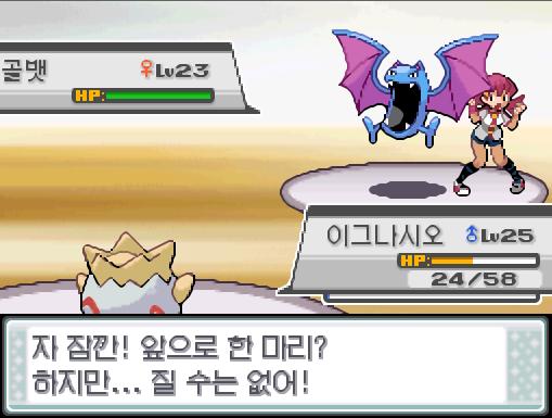 싸라기눈이 이그나시오를 덮쳤다! 체육관 관장 꼭두는 자신의 마지막 포켓몬 골뱃을 내보냈다! "자, 잠깐! 앞으로 한 마리? 하지만... 질 수는