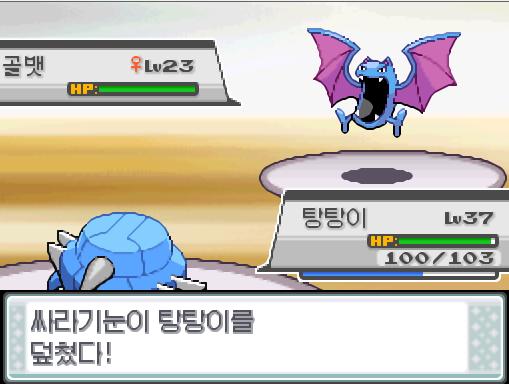 이그나시오 교대! 돌아와! 가랏! 탕탕이! 상대 골뱃은 수다를 썼다. 효과가 별로인 듯하다. 싸라기눈이 탕탕이를 덮쳤다. 싸라기눈이 상대 골뱃을