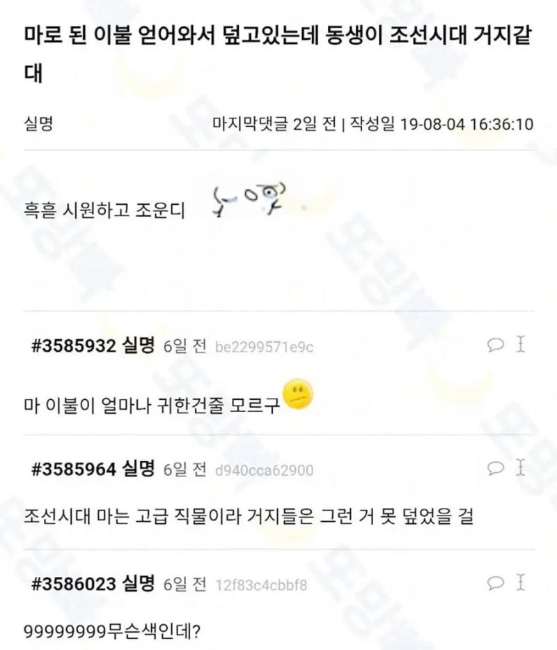 마로 된 이불 덮는데 동생이 조선시대 거지같대