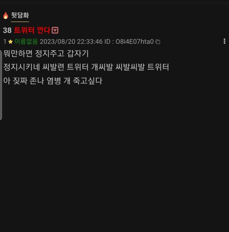 sns넘 미쳐서 사람한테 저리 말하는 앞에선 아무말 못하는 쎈척하는 찐따 트위터 망령 수준