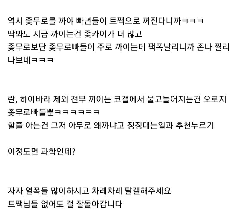 하빠들한테 아무로 좆무로라고 부르는 건 그냥 디폴트 캐혐이고 하이바아 말고는 타캐 ^인기^ 많으면 아주 박박 긁혀서 다른팬덤 다 괴롭혀놓고서 대