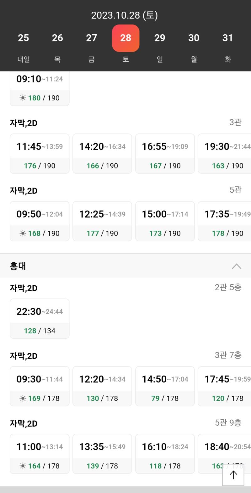 오~ 역시 롯시가 상영시간 제일 많다. 근데 메박은 사진은 안 올렸지만 볼 때마다 회차가 별로 없는 것 같네