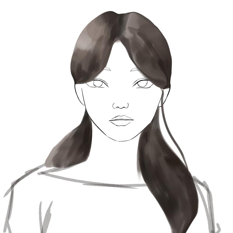 옷 뭐할까 그리고 몸 있는게 왼쪽으로가야할거깉은데 밑그림은정면이었써...어케해야대 아아 그리고 머리!! 결이 안 보이고! 자연스럽게 풍성하게 하