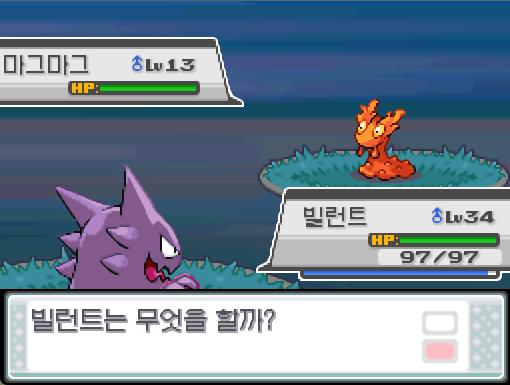 앗! 야생 마그마그가 튀어나왔다! 36번도로에서 포켓몬과 만날 수 있는 횟수: 최대 1회/현재 1회 36번도로에서 트레이너와 배틀할 수 있는 횟