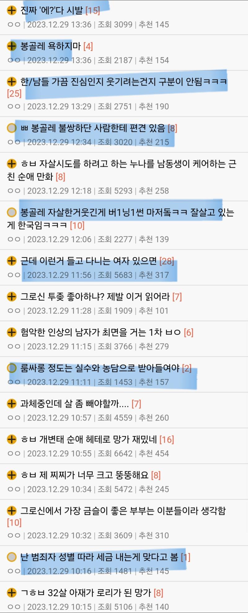 념글상태보고왔는데 기혼 한남 등등 필터링 꽤했는데도 글비율 개웃 이게 어딜봐서 덕질싸이트 ㅋㅋㅋㅋㅋㅋ 뇌절의뇌절의뇌절해놓고 리젠없다징징 하는거 