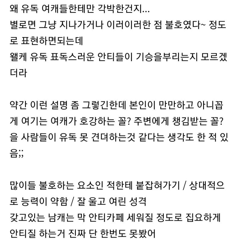 진짜 공감이 안간다ㅋㅋ 얘넨 맨날 옛날옛적 여캐안티카페 얘기하는데 요즘은 이글의 딱 반대아닌가? 여캐는 수동적 하와와 공주님이어도 귀엽다귀엽다하