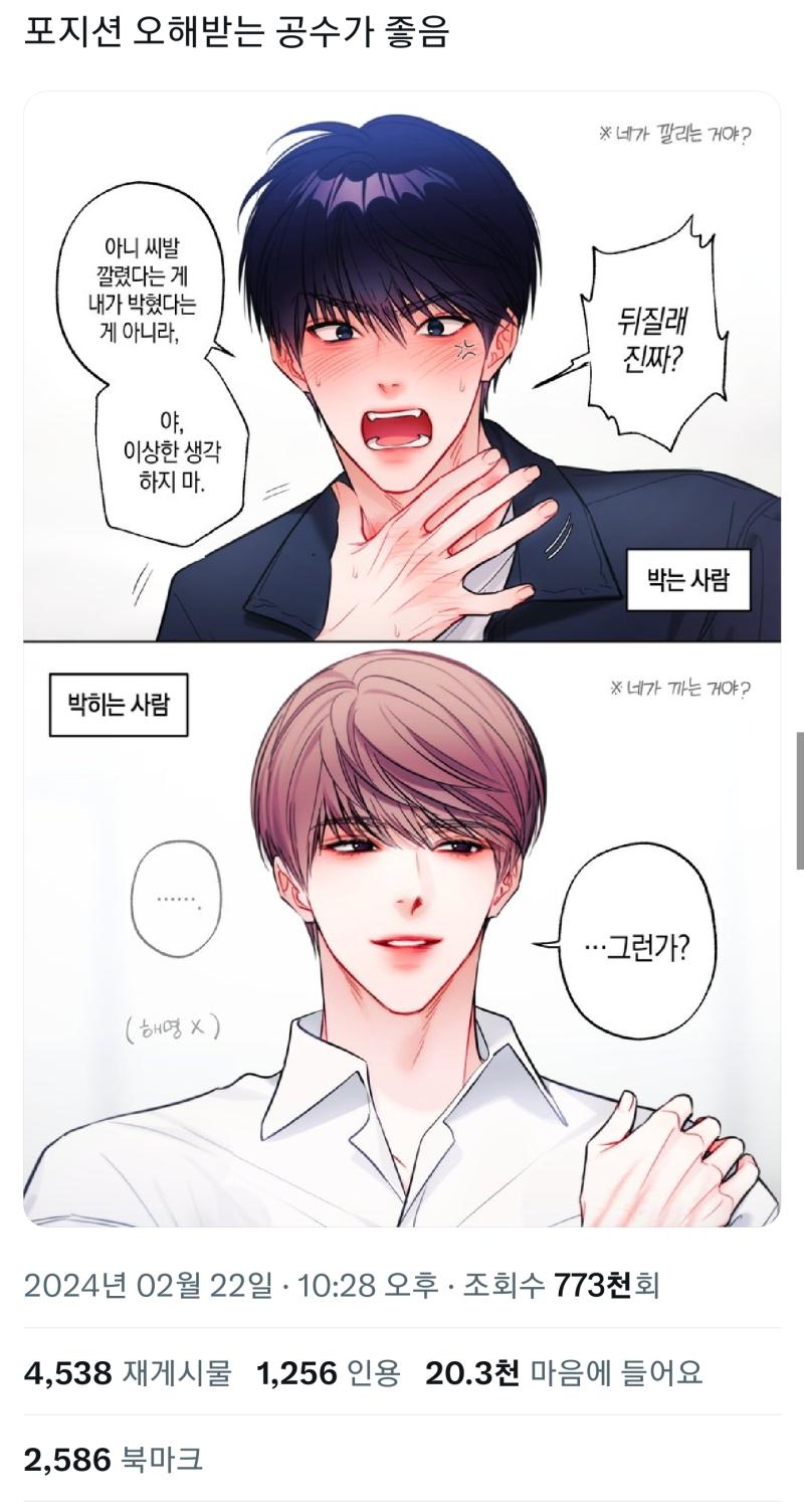 이거보고 한참 멍해짐 보통 오해받는 포지션이 아니라 딱 저게 왼과 른 아님??? 일본같으면 딱 저 위의 흑발이 공이고 아래 갈발이 수인데....