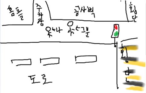 그 길이 이렇게 생겼었어 위로 쭉 가면 사거리 횡단보도가 있고 그 중간에 횡단보도가 있는데 중간 횡단보도로 마구 뛰어간거야