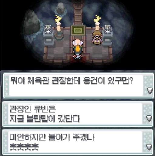 연가람은 인주시티 포켓몬 체육관으로 향했다. 문을 열고 들어가자 한 노인이 연가람을 막아섰다. "뭐야 체육관 관장한테 용건이 있구먼. 관장인 유