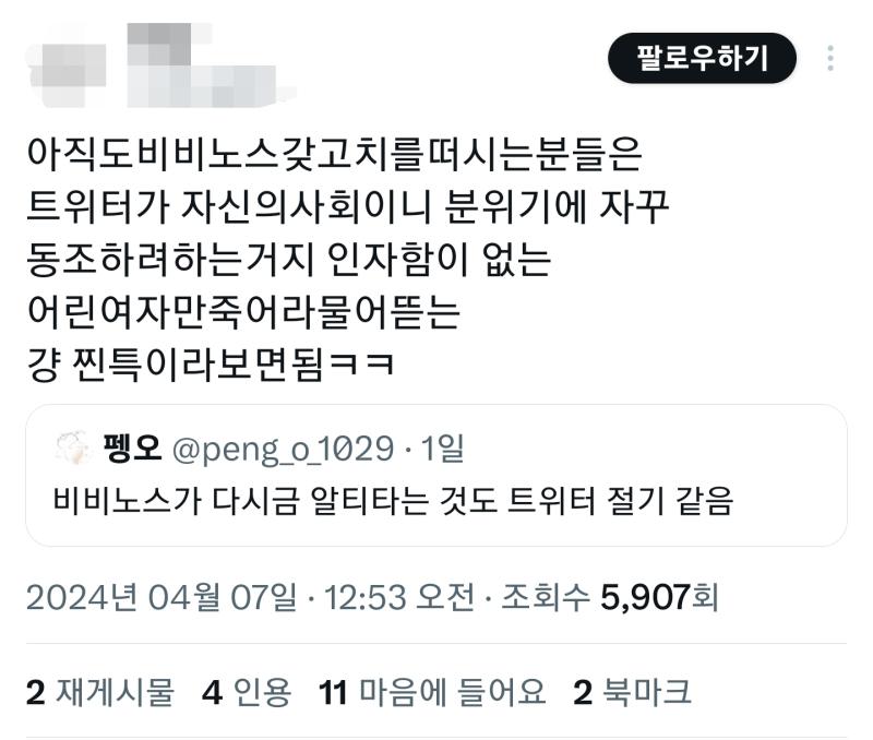 얘네들은 너무 뻔뻔해서 닉 가리다가 걍 안가림 ㅋㅋㅋㅋ 비비노스 젊은 여성 이러는데 비네글자 주민번호 뒷자리 2로 시작함~ 그리고 그냥 표절논란