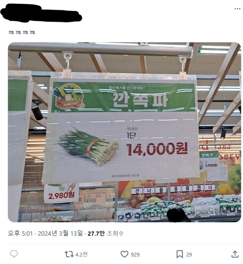 X짹들 또 물가가지고 이러네ㅋㅋㅋ 파가 어떻게 만원이나 하냐며 현 정부랑 연관지어서 물가 타령하는 트윗인데... 원래 손질된 식자재는 비싼게 맞