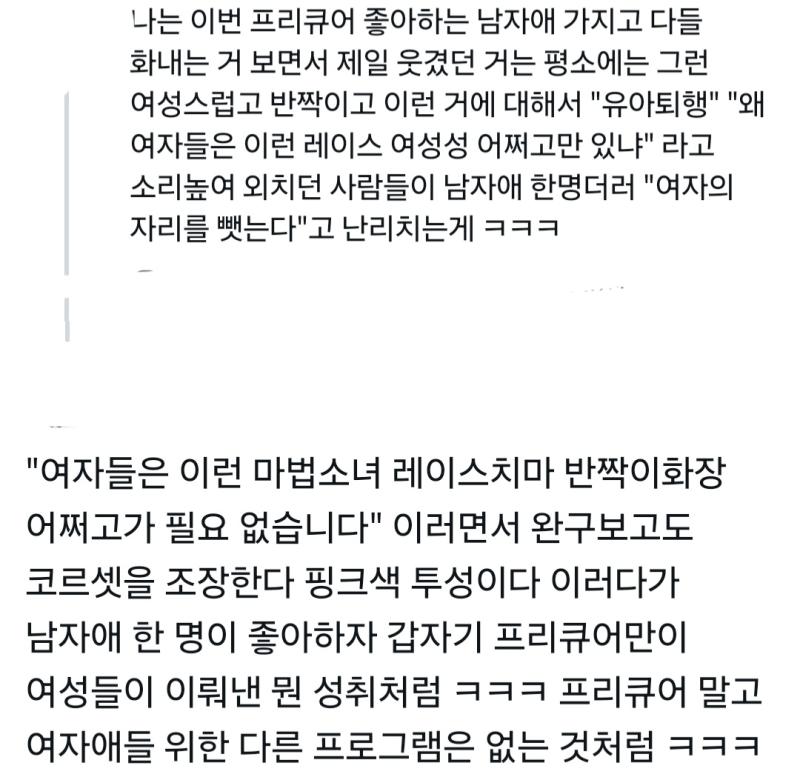 프리큐어 관련 이말이 ㄹㅇ이다 마법소녀로하는 페미니즘ㅋㅋ